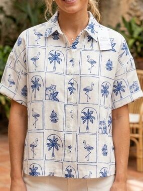 C&C California Linen Women’s Shirt Palm & Flamingo Print Top NWT Sz-M.  C20